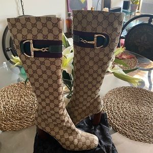 Gucci monogram tall block heel boot